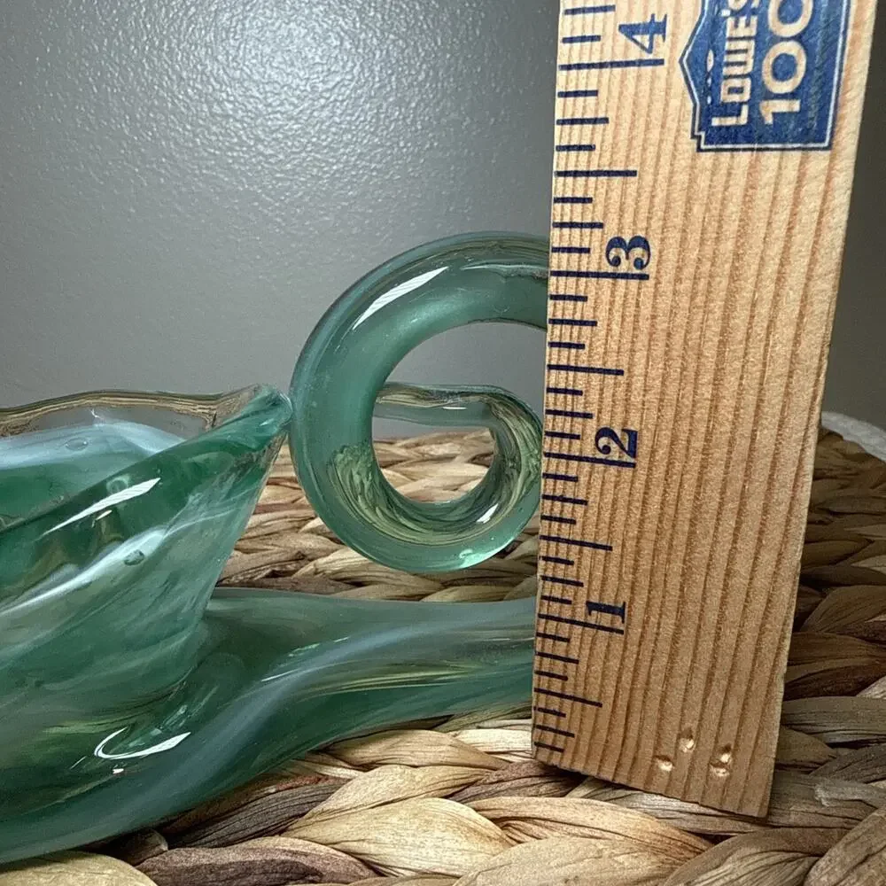 Vintage Aqua Art Glass Console Bowl Freeform Dish Vase Scroll Handle MCM 9.6”